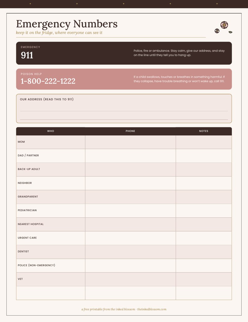 Free Emergency Numbers printable